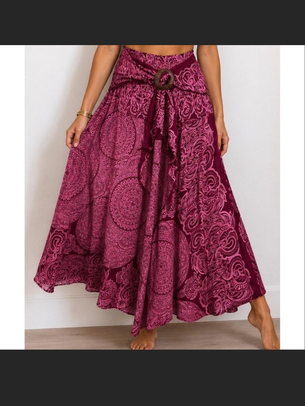 Boho Maxi Skirt with Tie Belt in Plum Print